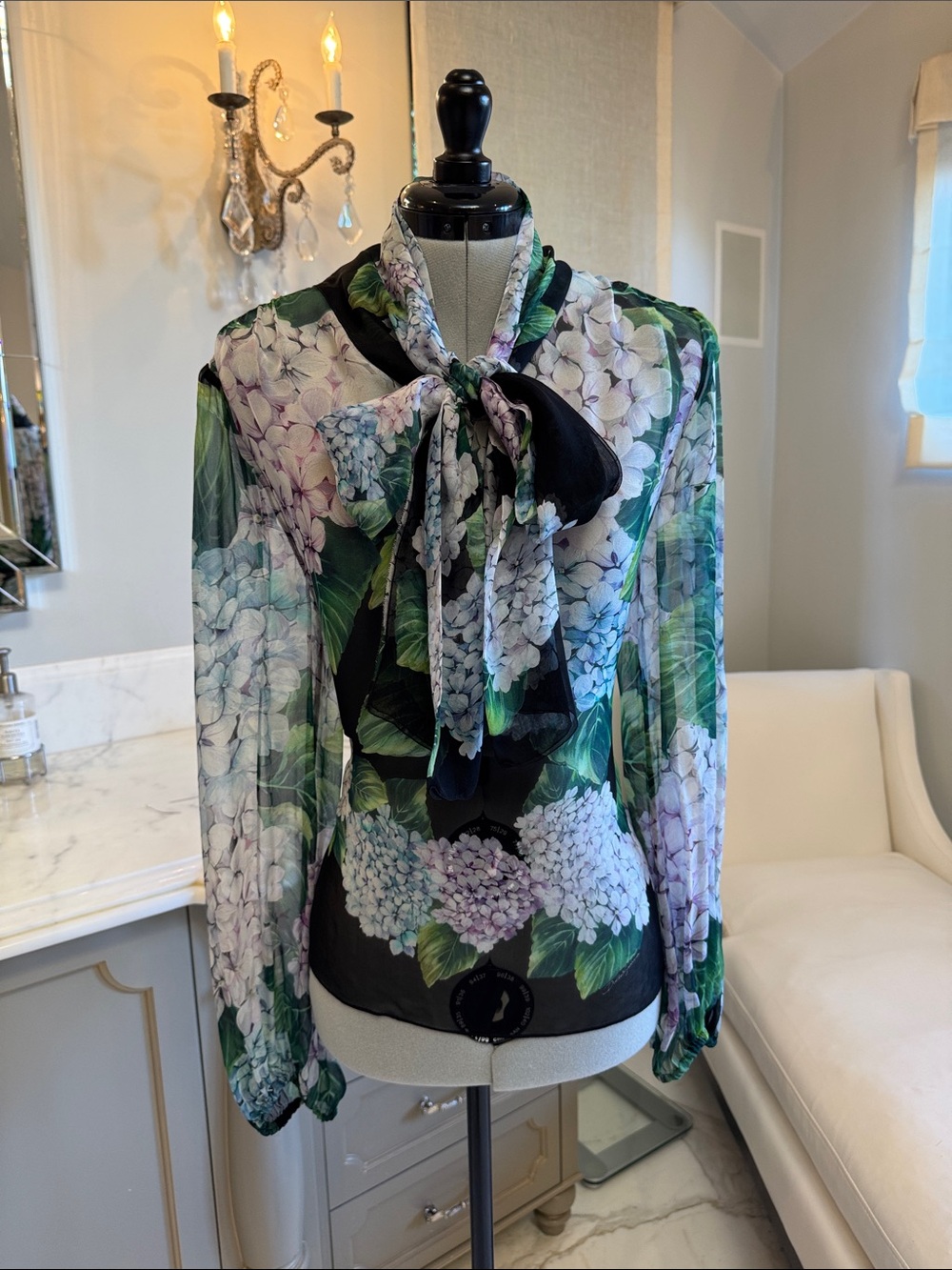 Dolce & Gabbana Hydrangea Print Silk Chiffon Blouse Green & Black Size 46